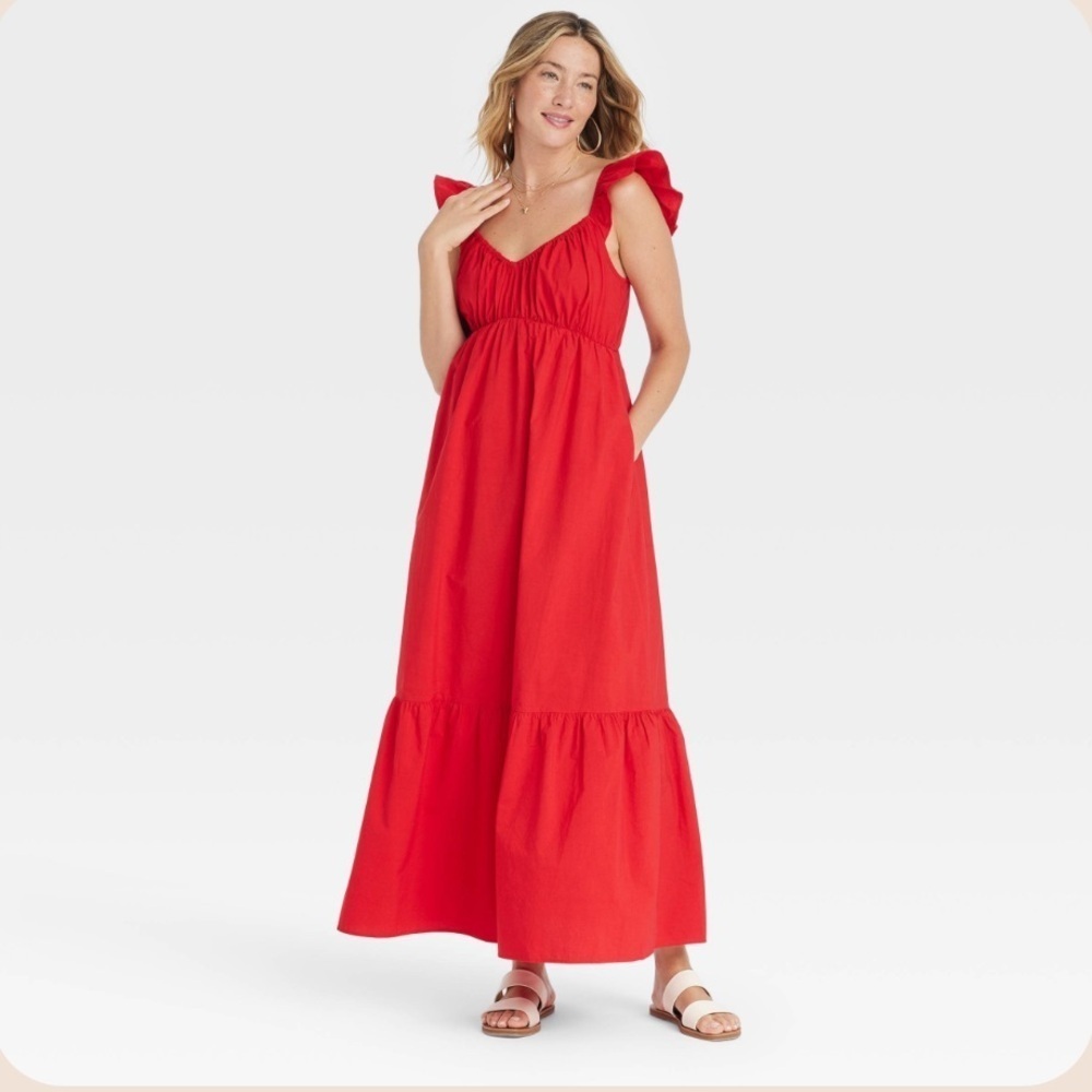 NWT Universal Thread Flutter Cap Sleeve Maxi A-Line Dress Red Size XS